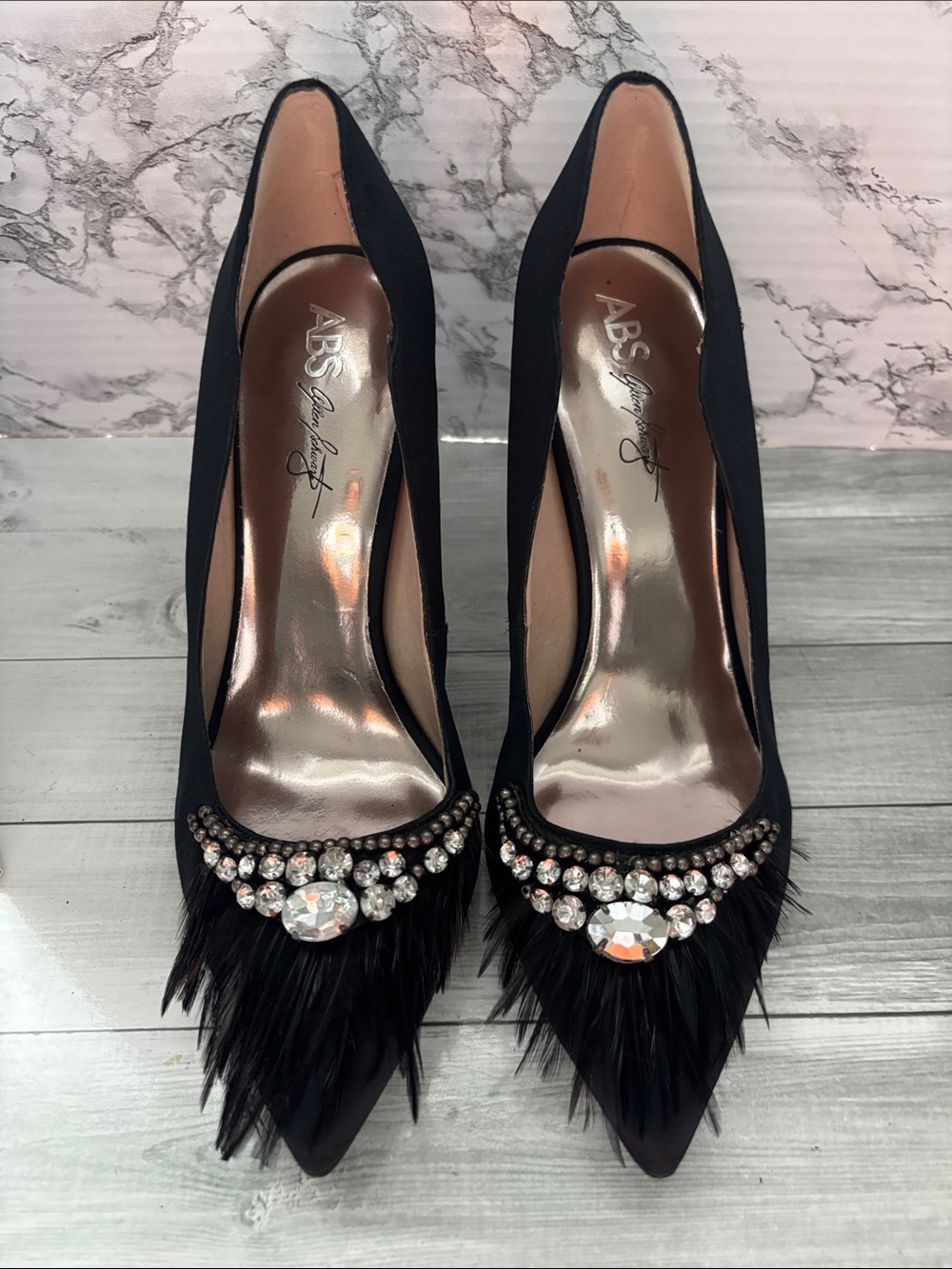 ABS Allen Schwartz Black Feathered Crystal Pointed Toe Pumps